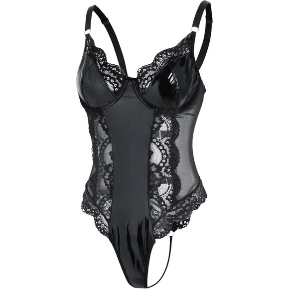 Sexy Leather Pu Black Underwire Push Up Corset Lingerie Women Teddy Bodysuit Top - Picture 5 of 6